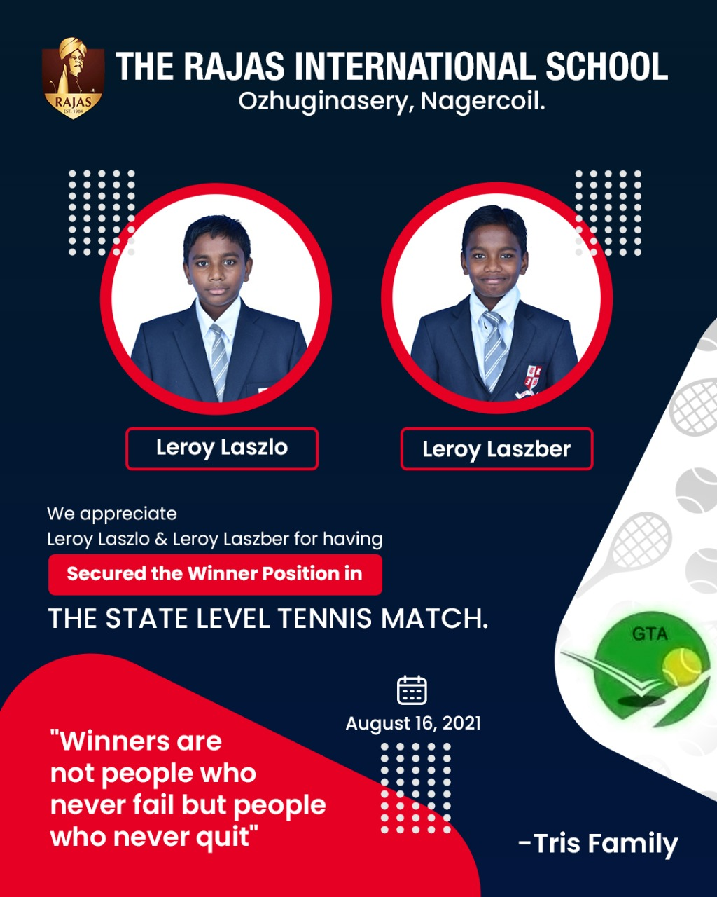 State level Tennis tournament held at Tirunelveli on 14th and 15th August 2021